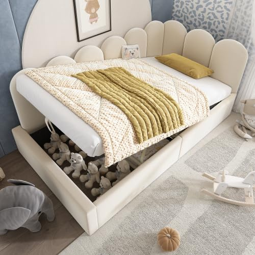 SogesHome 3FT Single Upholstered Daybed with Hydraulic Storage, Ottoman Sofa Bed, Velvet Beige Sofa Bed with Metal Slatted Frame, L-Shaped Space-Saving Design, 90x190cm