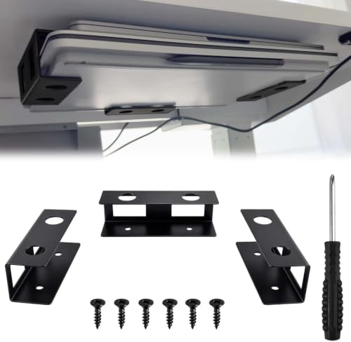 LEONTOOL Under Desk Laptop Mount and Shelf, Metal Under Desk Shelf Holder with Screws, Holder Set for Desks Organization for Devices up to 1.18 inch Laptop, Mac mini, MacBook, Keyboard