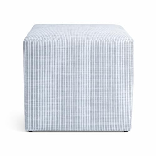 HomePop 19” Square Upholstered Ottoman with Solid & Engineered Wood Frame, Modern Cube Accent Stool for Living Room, Bedroom or Entryway - Blue Pinstripe Fabric