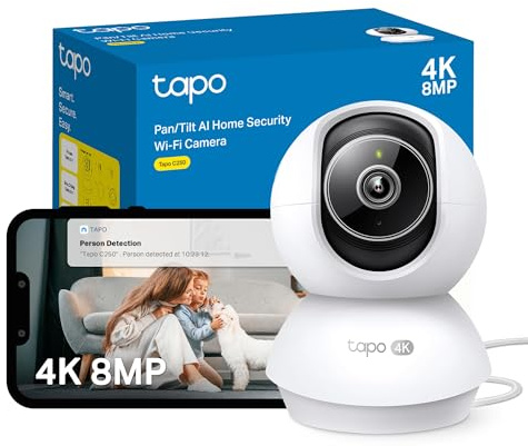 Tapo NEW C250 4K 8MP Pan/Tilt Indoor House Security Camera,Pet Camera, Baby Camera Monitor, Auto Tracking, AI Detection, IR Night Vision, Flexible Storage,Customisable Zones, Alexa & Google