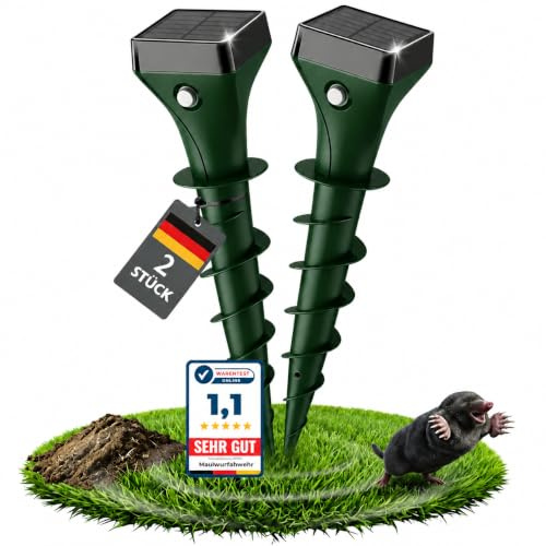 Elezenioc Maulwurf Vertreiber 2er, Solar Maulwurfschreck Testsieger mit Ultraschall, IP65 Wasserdicht, Effektive Wühlmausabwehr gegen Maulwürfe und Wühlmäuse, für Garten & Rasen