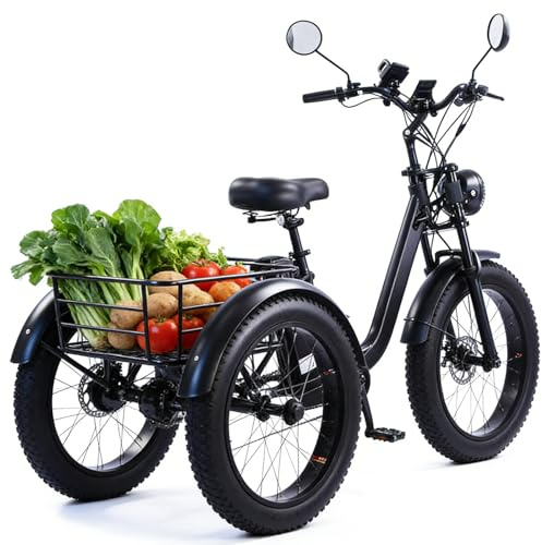 Triciclo elettrico per adulti da 24 pollici con pneumatici larghi, pedalata assistita, ideale per persone con disabilità e fino a 200 kg di peso, con ampio cestino, colore nero.