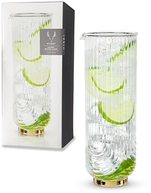 Viski Gatsby Vintage Cocktail Mixing Glass - Art Deco Ripple Glassware Arch Design, 47oz Gold Plated Base Crystal Mixing Glass