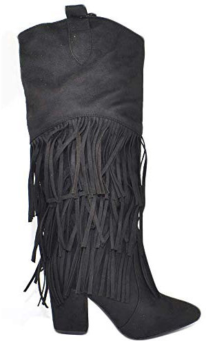 Stivali Donna Texani camperos in camoscio Nero con Frange Lunghe e Tacco Western Altezza Ginocchio Moda Glamour Luxury (37 EU)