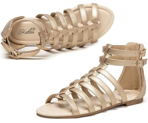 katliu Women's Gladiator Sandal Strappy Flat Sandals Two Ankle Buckle Gold 10