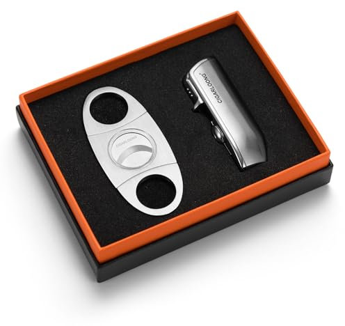 CIGARLOONG Cigar Cutter and Lighter Set Silver Double Blade Simple Cigar Guillotine and 3 Jet Torch Blue Flames Refillable Lighter