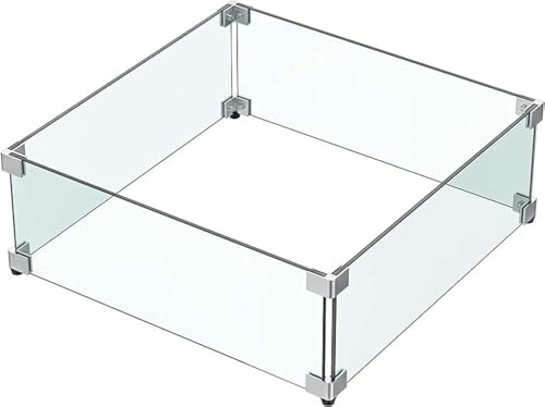 MESIDA Eldstad glas vindskydd, eldstad i härdat glas, tjockt och robust, med hårt hörnfäste i aluminium och gummifötter 44,5 cm x 44,5 cm x 15,2 cm