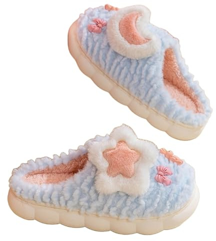 CZQAGCL Cute Women's Star Plush Slippers - Warm Indoor & Outdoor Slippers (Blue, 7)