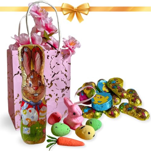 Uova di Pasqua 2025 -Sacchetto di Carta Regalo + 60gr Coniglio di Cioccolato + 100gr Di Cioccolatini Pasquali + 1 Ramo Fior di Pesco
