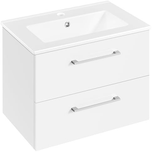 Yaheetech Meuble Salle de Bain avec Vasque Suspendu, Vasque Salle de Bain en Céramique, Meuble Lave Main WC, 61 × 39,5 × 45,5 cm, 2 Tiroirs, Désign Simple Moderne, Blanc