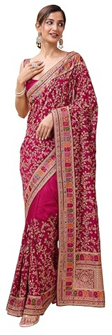 TRENDMALLS Women's Vichitra Silk Embroidery, Siroski Stone, Sequin Work Saree with Unstitch Blouse Piece (K1085-Pink-)