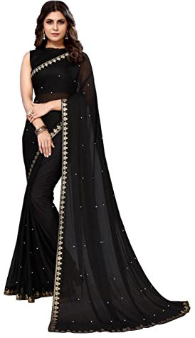 Aashita Creations Damen-Sari aus Lycra-Mischgewebe, Schwarz , One size