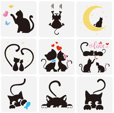 FINFERINSPIRE 9Pcs Pochoirs de Chat Peeping pour Peinture 15x15cm Modèle de Dessin de Chats Mignons Réutilisable PET Lune Étoile Coeur Motif Pochoir de Peinture Papillon Poisson Chat Couple Modèle DIY