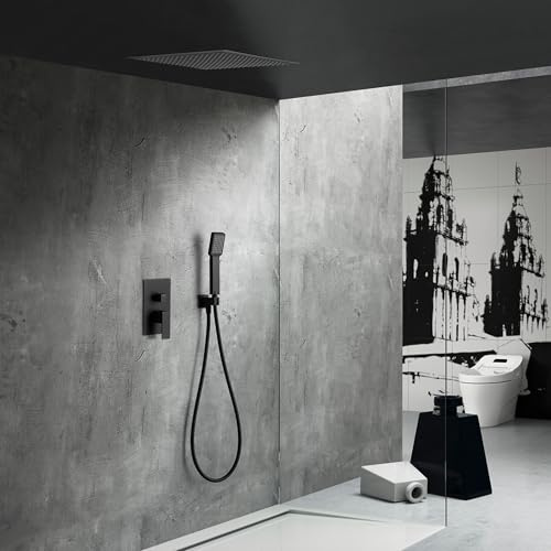 IMEX - Colonne de Douche Encastrée Noir Salle de Bain | Colonne Douche Encastrable Laiton Noire Mat | Pommeau Douche Anti Calcaire en Acier Inoxydable S.304 | Série Volga