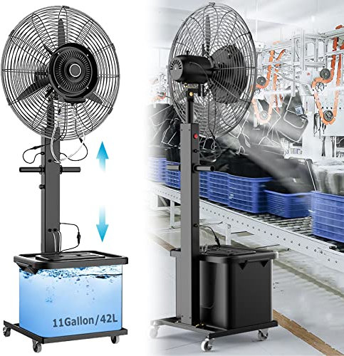 Ventilatore a colonna nebulizzante ad altezza regolabile per esterni, ventilatore da pavimento con oscillazione a 90°, 3 velocità, serbatoio da 11 galloni, ventola di raffreddamento per cortili (A 81