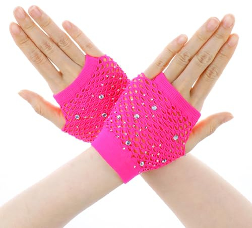 Gants Résille Rose Rouge Courts en Nylon avec Strass Accessoires de Fête pour Filles des Accessoires Fluo Années 80 90 Gants Sans Doigts en Maille pour Cosplay Halloween Costume de Fête