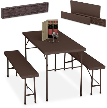 Relaxdays Ensemble Table Pliante et 2 bancs, pour Jardin, pavillon ou Camping, 120 cm, Aspect rotin, Marron