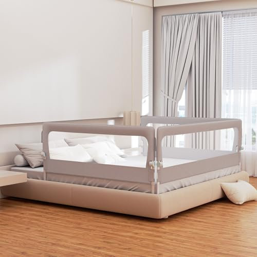 Eulenke 2x200cm und 1x180cm Bettgitter Rausfallschutz Klappbar, 72-86 cm höhenverstellbar Rausfallschutz Kinderbett, zusammenklappbar um 180 Grad, inkl. extra Gurt zur Befestigung, Grau