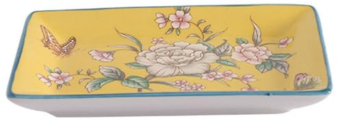 YlobdolY Ceramic Trinket Dish Tray for Earrings Necklaces Ring Watch Keys, Chinese Painting Rectangular Jewelry Tray Key Bowl Soap Dish Decorative Plate for Sisters Daughter Mother Yellow