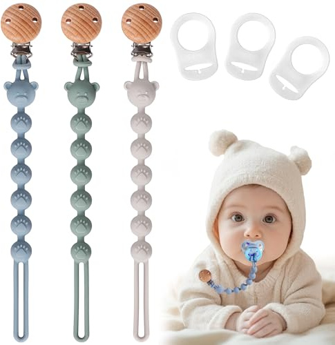 EARLY MINDS Pack de 3 Attache Tetine Silicone, Attache Sucette avec Une Seule Pièce en Silicone, Accroche Tétine Bebe pour Filles & Garçons, Sans BPA, Élastiques et Robustess (Bleu Sauge Gris Clair)