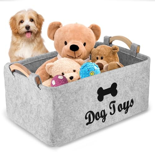 YUNYODA Dog Toy Storage Box, Dog Toy Box Storage Basket With Wooden Handle, Felt Pet Items Storage Basket for Organizing Pet Toys, Blankets, Leashes 38cm x 25cm x 18cm, Grey