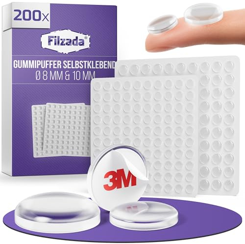 Filzada® 200x Elastikpuffer Set D8/D10mm - Elastikpuffer Set Transparent - Anschlagpuffer für Türen, Schränke, Glas - Türpuffer Gummi - Gummistopper - Gummi Puffer - Gumminoppen Selbstklebend