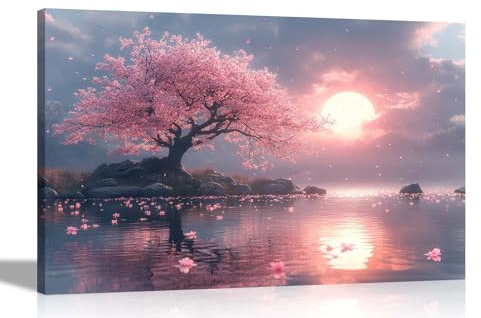 Artley Prints - Sunset Lake Pink Tree Water Reflection Canvas Wall Art Prints Home Decor Living Room Bedroom Pictures 60 x 40cm (24 x 16 inches) A2