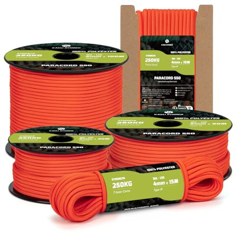 Paracord 550 Typ III 4mm 15m 7 Trådar 100% Polyester Rep | Stöd 250kg(550lbs), Durable, UV Resistant, MIL-SPEC, Armband, Camping, Utomhus, Överlevnads