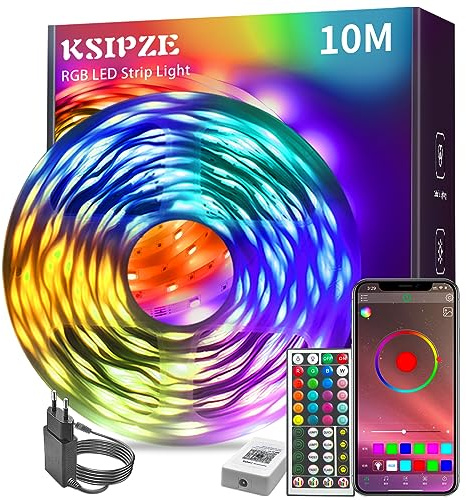 KSIPZE Led Streifen 10m, RGB LED Strip mit Fernbedienung Bluetooth App, Dimmbar Farbwechsel led Lichterkette Lichtband Musik Sync, Selbstklebend Leds Kette Leiste band Beleuchtung für Zimmer Partei
