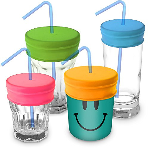iGadgitz Home Reusable 100% Food Grade BPA Free Soft Silicone Spill-Proof Travel Straw Lids for Most Drinking Cups & Glasses – Pack of 4 (Pink, Yellow, Green, Blue)