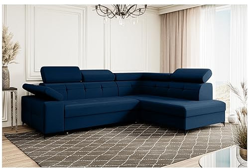 MEBLINI Schlafcouch mit Bettkasten - Ecksofa mit Schlaffunktion - Sofa mit Relaxfunktion und Kopfstützen - Couch L-Form - Eckcouch - Wohnlandschaft - Bergamo - 274x203x83cm Rechts - Blau Samt