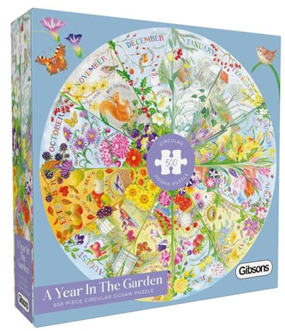 Gibsons A Year in the Garden 500 Piece Circular Jigsaw Puzzle for Adults – Seasonal Nature Scene by Claire Comerford – Premium Sustainable Puzzle Made in the UK/EU