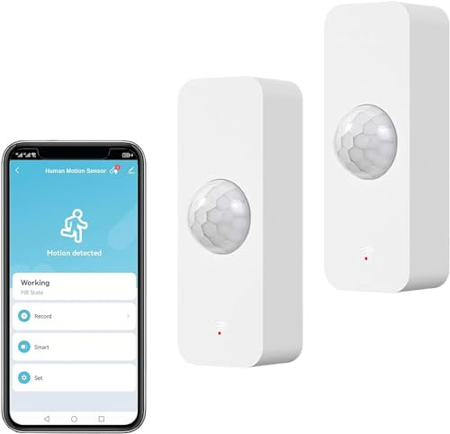 WiFi PIR Motion Sensor: Tuya Smart Motion Detector for Home Security, Wireless Infrared Movement Detector with Remote Monitoring App, Compatible with Alexa Voice Command (2-Pack)