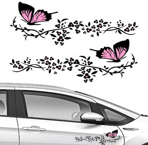 NIYATA 2 Adesivi Farfalla per Auto, Con Motivo Fiori e Farfalle, per Cofano, Pattini, Moto, Valigie, Pareti (Nero e Rosa)