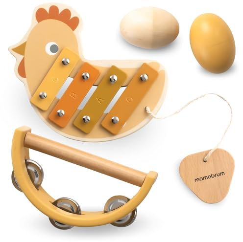 Mamabrum Set Strumenti Musicali in Legno - Regalo Bambino 1 Anno con Xilofono, Tamburello e 2 Sonagli - Giochi Bambini 1 Anno Educativi - Tema Gallina per Sviluppo Sensoriale e Manuale