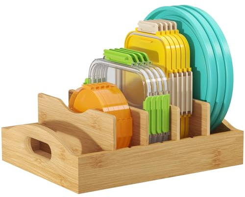 Lifewit Bamboo Lid Organizers for Inside Cabinet, Food Storage Container Lid Holder with 4 adjustable Inserts & 5 Compartments, Lid Storage for Kitchen Pantry Organization, 10.6 X 8.3