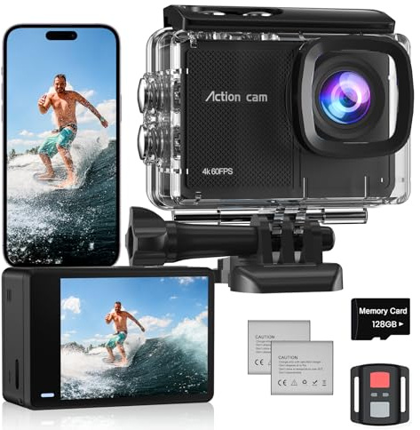 Camlance Action Cam Wasserdicht 4K60FPS mit 128GB Karte,131FT Unterwasserkamera 8X Zoom,WiFi Helmkamera 48MP, Stabilisierte Actionkameras mit Fernbedienung,2 * 1350 Batterien