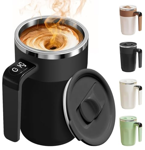 Automatic Stirring Coffee Cup with Temperature Display, Rechargeable Coffee Mug, 13.5oz Self-Stirring Mug with Lid, Stainless Steel Material Suitable for Coffee, Milk, and Other Beverages (Black)