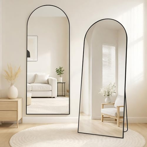 Vortisys 165 x 60 cm Espejo de Cuerpo Entero, Cristal Templado, Espejo Arqueado con Soporte, Marco de Aleación de Aluminio, para Dormitorio, Salón, Vestuario