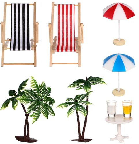 Didiseaon Set di paesaggi da spiaggia in miniatura con palme, ombrelloni, mini palme, ombrelloni, sedie a sdraio, bevande, tavolino rotondo, ornamento per