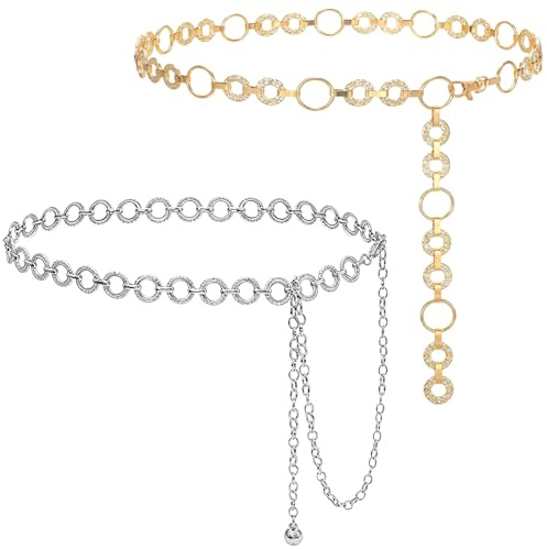 DNTHYRIN 2Pcs Gold Belt, Gold Chain Belt, Waist Chain – Chain Belts with Silver Options, Fashion Accessory for Parties, Dresses, and Outfit Styling
