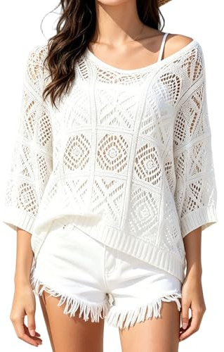 GOZINA Women's Crochet Beach Cover Up, Boho Hollow Out Knit Tops, 3/4 Sleeve Casual Summer Pullover Swimwear Bathing Suit Coverups (UK, Alpha, L, Regular, Regular, White)
