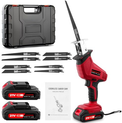 uifame Sierra de Sable a Batería 21V sin escobillas – Velocidad variable 0-4000 rpm, 2 Baterías, 8 Hojas de Sierra, Luz LED y Cargador Rápido. Corta Madera, Metal, PVC – en Rojo