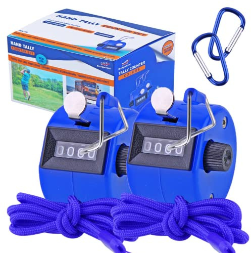 Hand Pitch Tally Counter Clicker –2 Pack Blue Handheld People Lap Counter Clickers with 2 Lanyard and 2 Carabiners– Manual Mechanical 4 Digit Number Finger Ring Click for Umpire Baseball Golf Sports