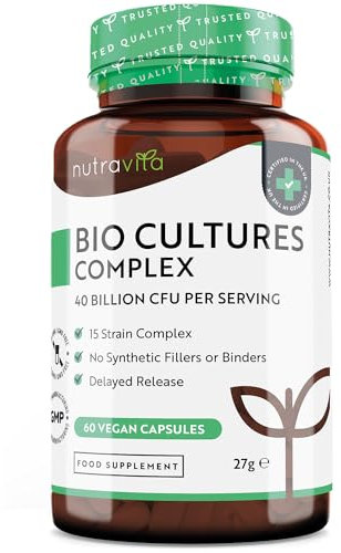 Super Strength 40 Billion CFU Bio Cultures Complex with 15 Live Strains – Advanced Multi Strain Formula – Vegan Capsules – Digestive Enzyme Supplement for Men & Women – Made by Nutravita
