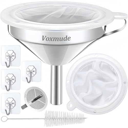 Voxmude Stainless Steel Funnel (5 inch Mouth, 0.63 inch Stem) - Funnel for Filling Bottles, Cooking Oil, Tea, Grease, Juice, Food Strainer with 200 Mesh Filter - Silver