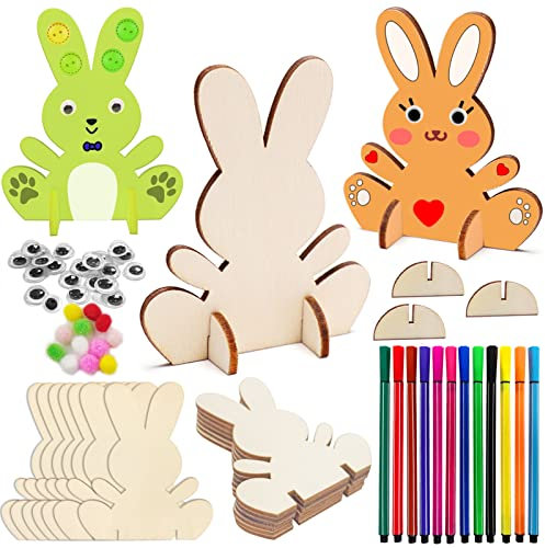 Hpbaggy 10pcs Hasen Zum Bemalen, DIY Osterhase Deko, Holzanhänger Ostern Deko, Holz Hase Mit Bunte Mini Pompons Und Kulleraugen, Kinder Bastelsets