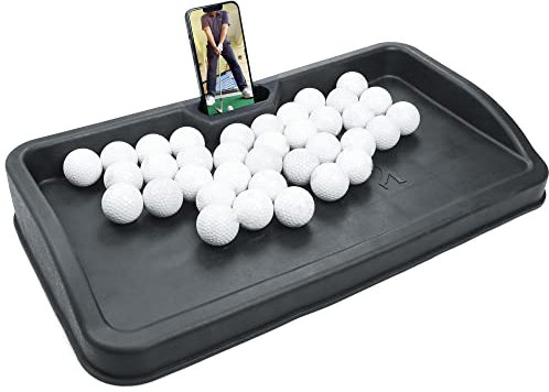 Heavy Duty Rubber Golf Ball Tray - with Cell Phone Holder Record Golf Swing - 100 Ball Capacity - High Impact Golf Tray Compatible with All Hitting Mats