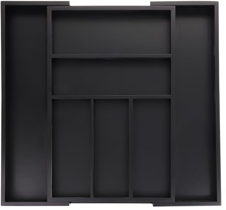 Relaxdays Besteckkasten ausziehbar, Bambus, HBT: 5 x 30,5-49 x 46 cm, 5-7 Fächer, Besteckeinsatz für Schubladen, schwarz, 1 Stück