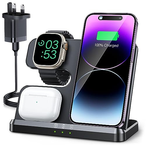 JARGOU 3 in 1 Wireless Charging Station for Apple, Wireless Charger for iPhone 17 Pro Max 16 15, Fast Wireless Charger Stand for Apple Watch 11/Ultra 3/10/9/Ultra 2/Ultra/SE/8/7/6/5/AirPods Pro 4 3 2
